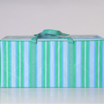 Green and blue striped moving bag with a red zipper on a white ground.