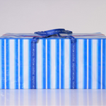 heavy-duty moving bag with blue and white striped design and dark blue durable handles.