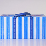 heavy-duty moving bag with blue and white striped design and dark blue durable handles.